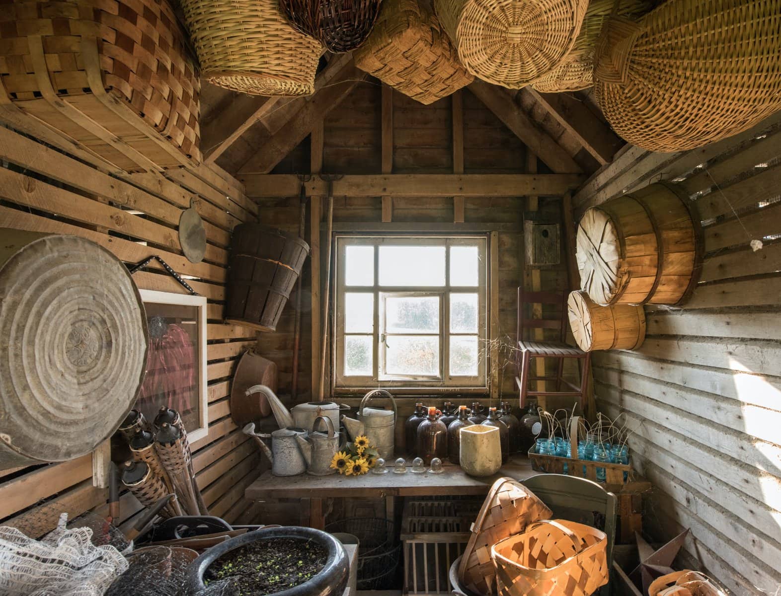 Wooden Shed Interior Hanging Baskets