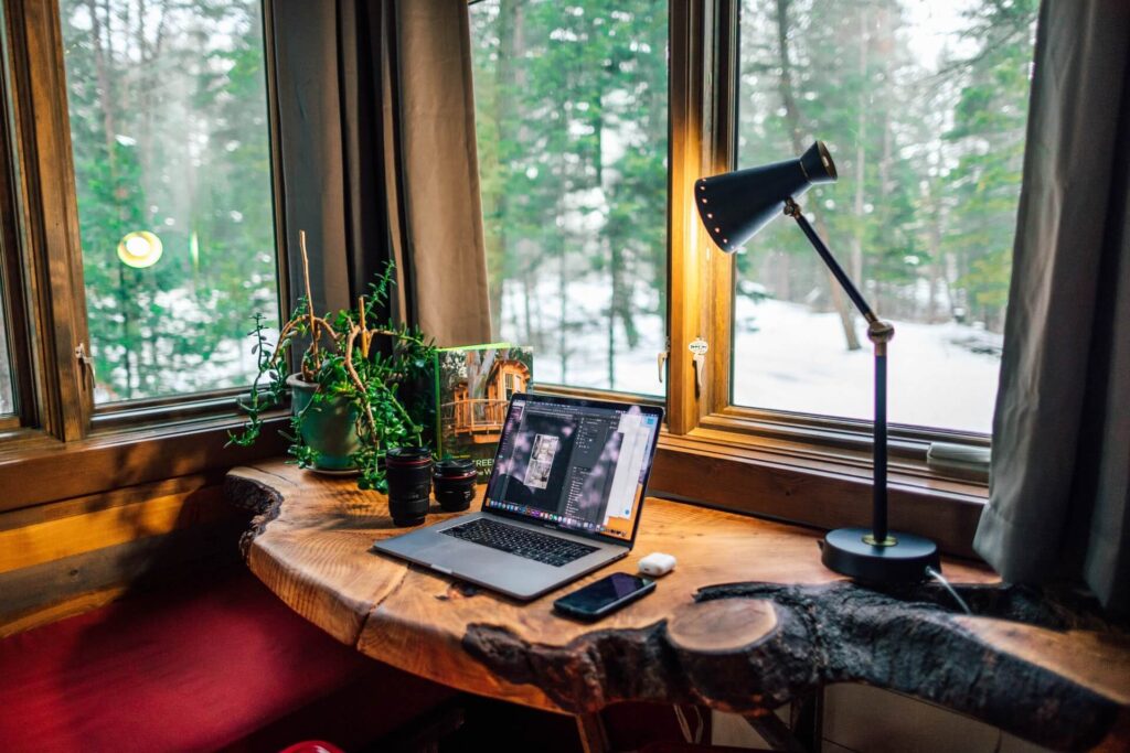 Cozy Office Nook with Carved Wooden Desk