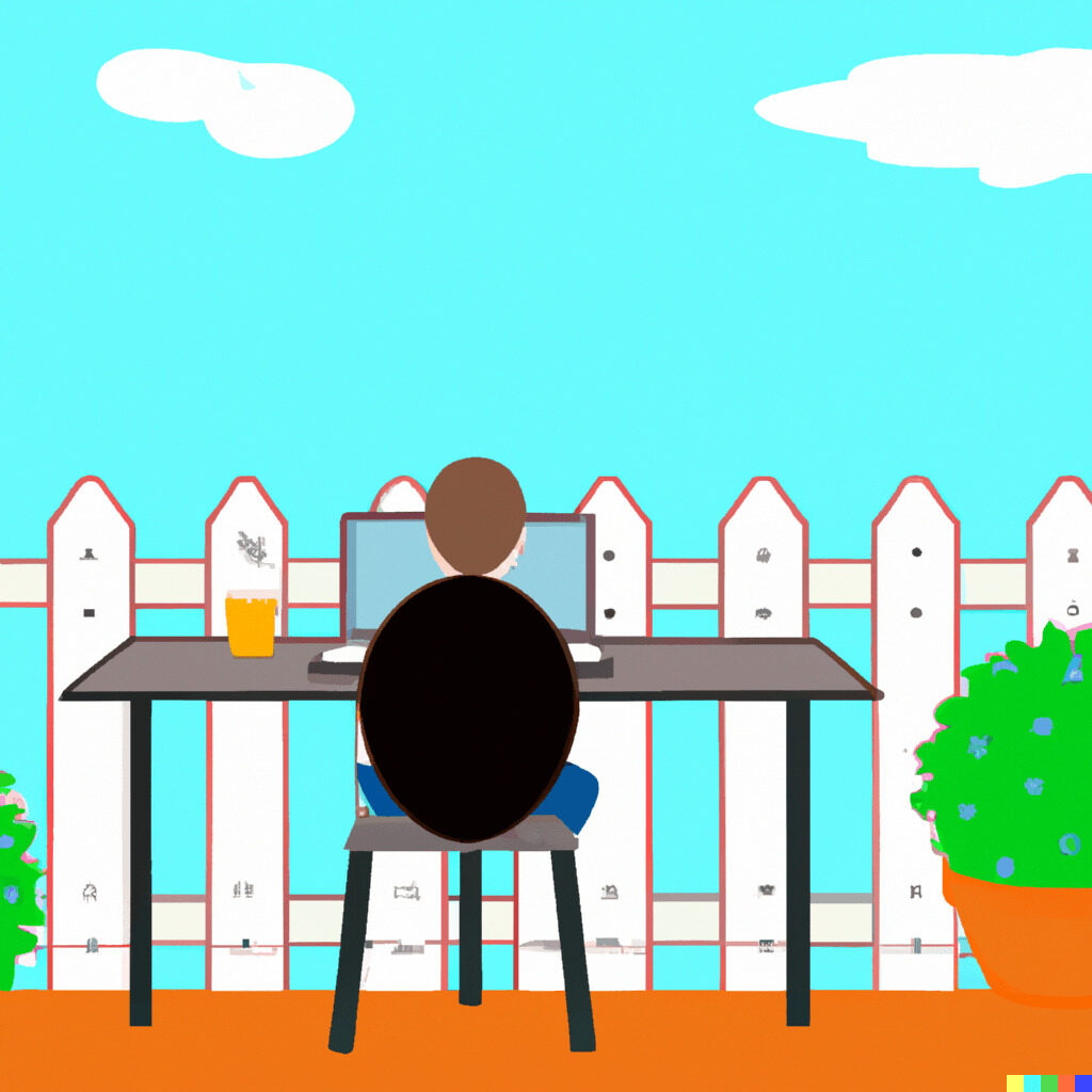 A cartoon character sitting at a desk in his backyard working on a computer