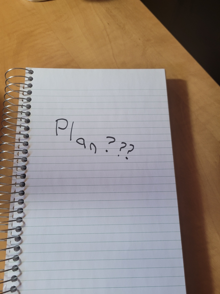 The word plan written on the page of a notebook with 3 question marks.
