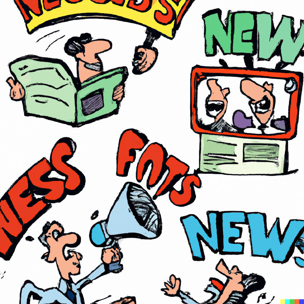 A group of cartoon characters in various poses shouting headline news
