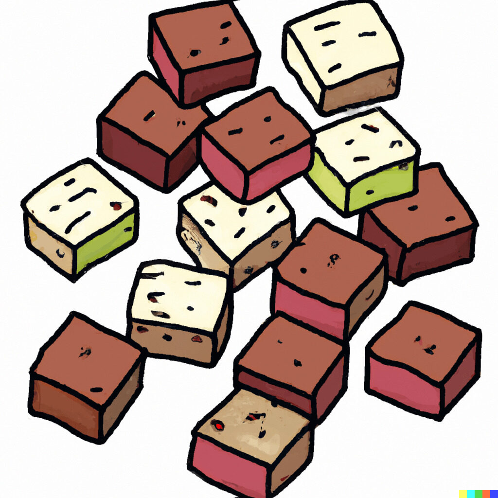 Cartoon depection of bite size pieces of information in the form of multiple cubes