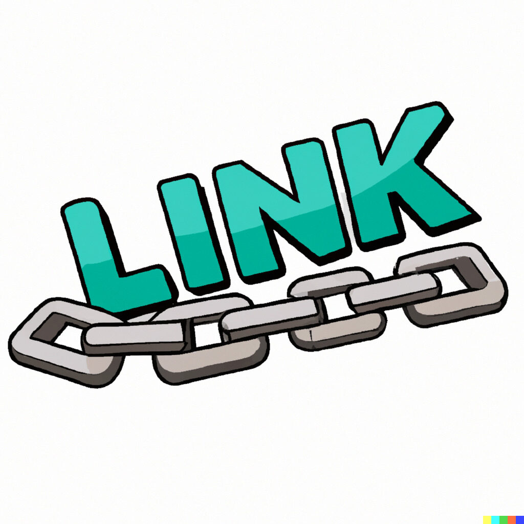 The word link in a cartoon font written over a cartoon link of chain