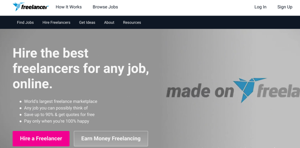 Screenshot of the Freelancer website for finding freelance writing jobs.