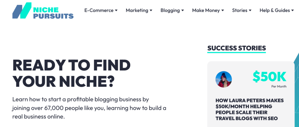 Screen shot of the Niche Pursuits website for resources to help build a niche site.