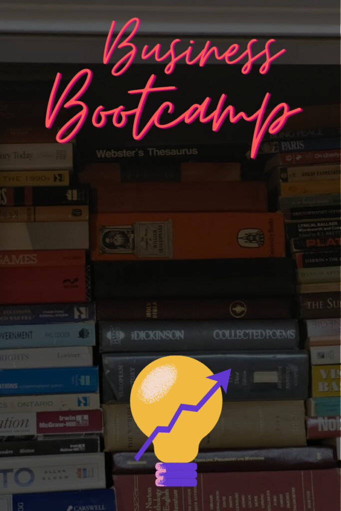 Image of a light bulb with an arrow pointing up to the left with the caption Business Bootcamp superimposed over the image of a collection of books.