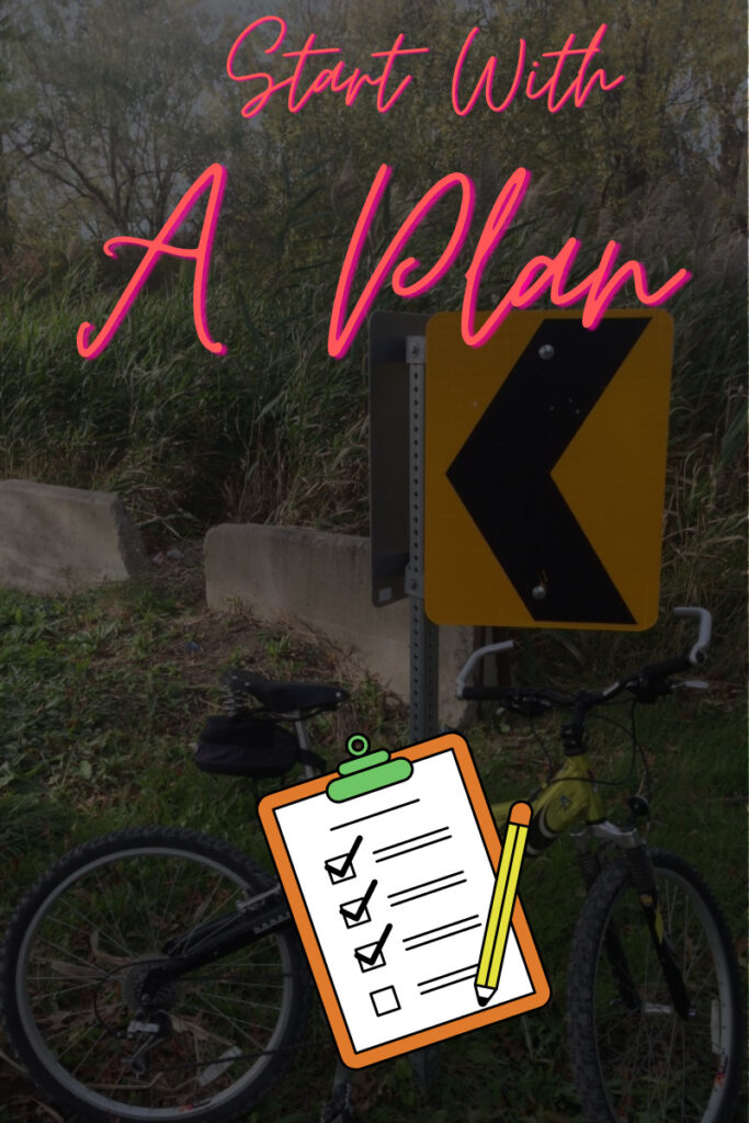 Image of a road sign arrow pointing left with the caption Start with a plan and a picture of a clipboard at the bottom of the image.
