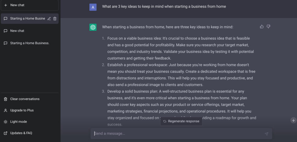 Screenshot from Open AI to use ChatGPT to work smarter from home by generating 3 key ideas to keep in mind when starting a business from home 