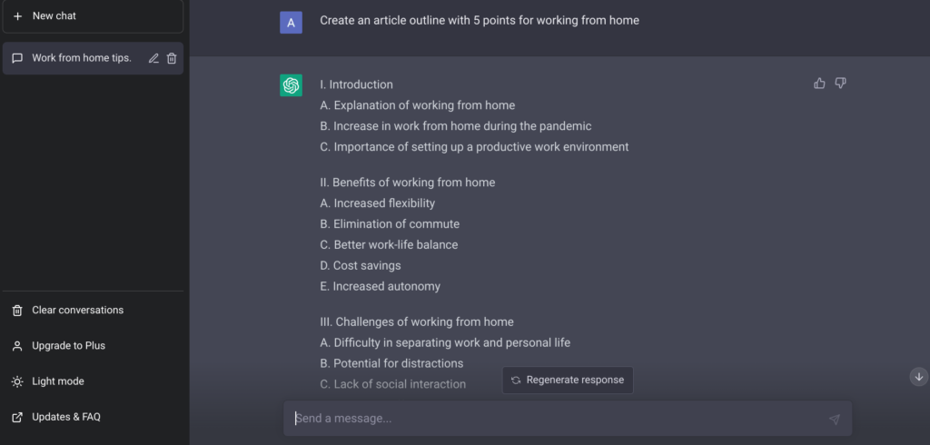Using ChatGPT to create an article outline with 5 points on working from home 