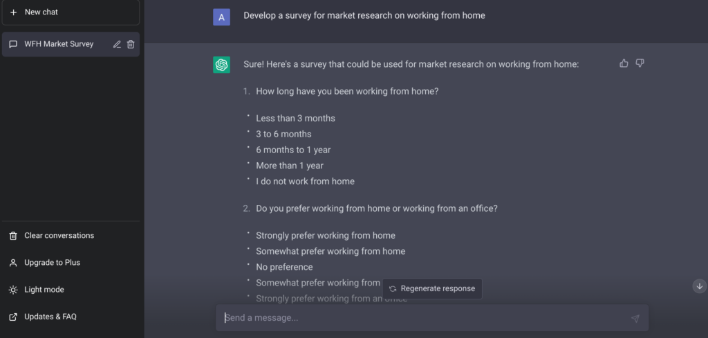 Screenshot from ChatGPT asking it to develop a market research survey on working from home
