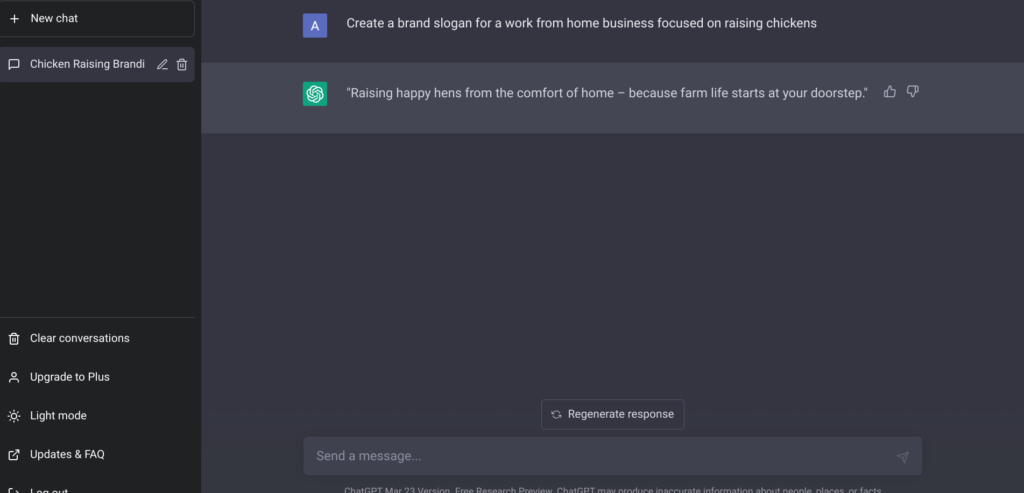 Using ChatGPT to create a brand slogan for a work from home business focused on raising chickens