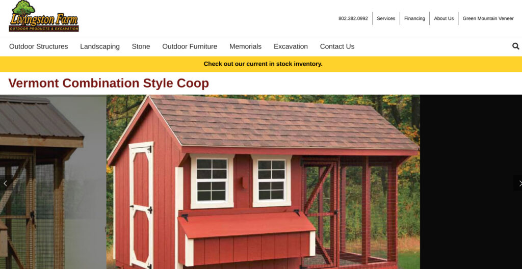 Screenshot of a backyard chicken coop from the website Livingstonfarm.com as an example of number 23 in the list of backyard business ideas chicken and egg sales.