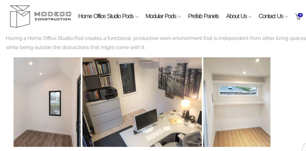 Screenshot of modecoconstruction.com website of the interior of a beautiful professional looking office pod as a an example of an office setup for web design backyard business ideas.