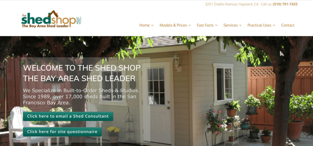 Screenshot from The Shed Shop's website. Experienced backyard office contractors in California based in Hayward.