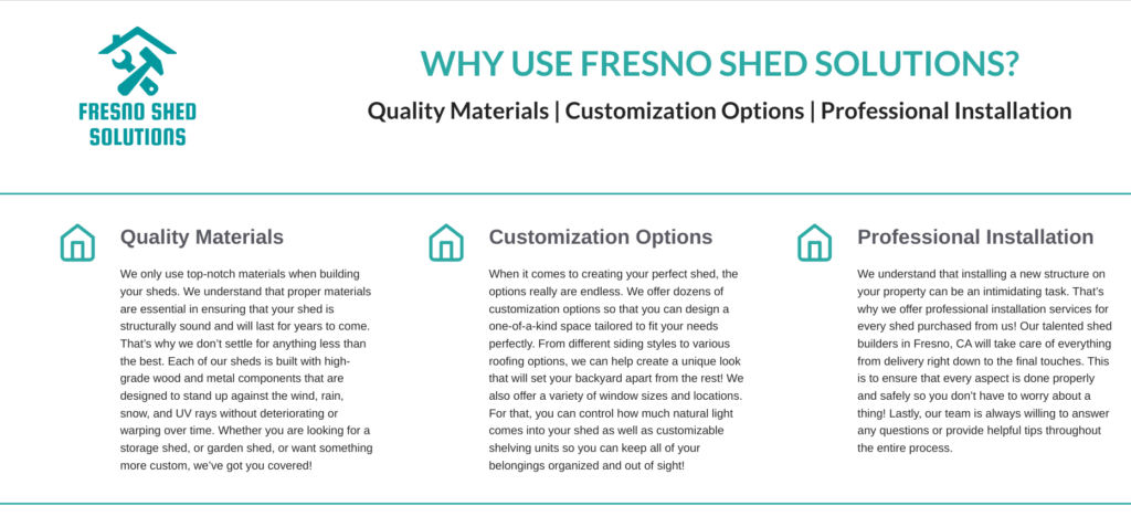 Screenshot from Fresno Shed Solutions website. Experienced backyard office contractors in California based in Fresno.