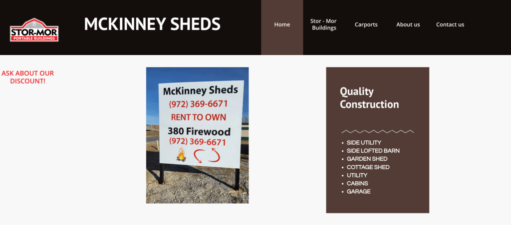 Screenshot from McKinney Sheds website. Experienced backyard office contractors in Texas based in McKinney.