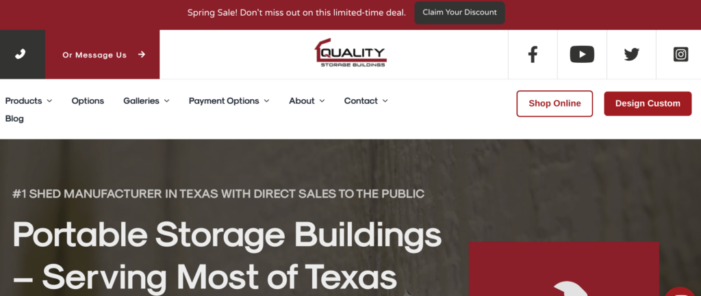 Screenshot from Quality Storage Buildings website. Experienced backyard office contractors in Texas based in Itasca.