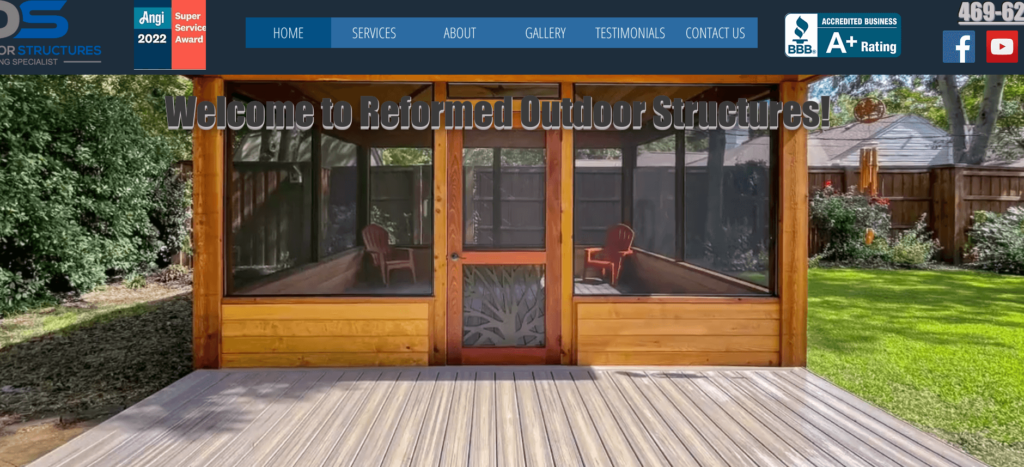 Screenshot from Reformed Outdoor Structures website. Experienced backyard office contractors in Texas based in Dallas.