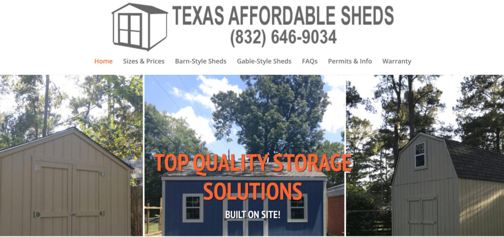 Screenshot from Texas Affordable Sheds website. Experienced backyard office contractors in Texas based in Houston.