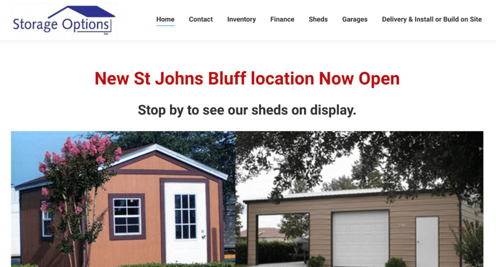 Screenshot from Storage Options Inc website. Experienced backyard office contractors in Florida based in Jacksonville.