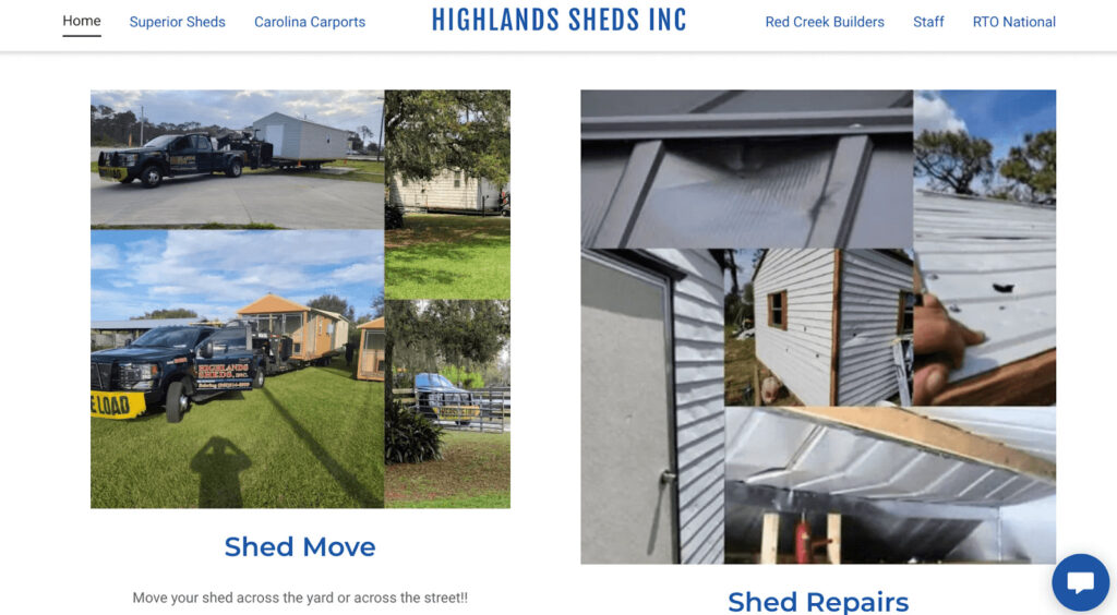 Screenshot from Highlands Sheds Inc website. Experienced backyard office contractors in Florida based in Sebring.