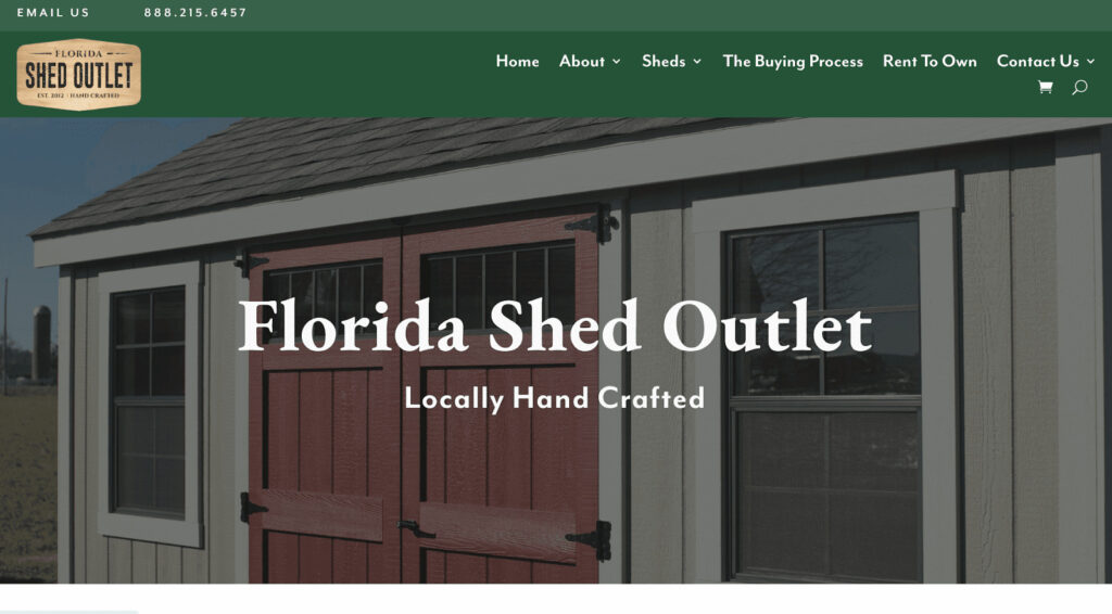 Screenshot from Florida Shed Outlet website. Experienced backyard office contractors in Florida based in Orlando.