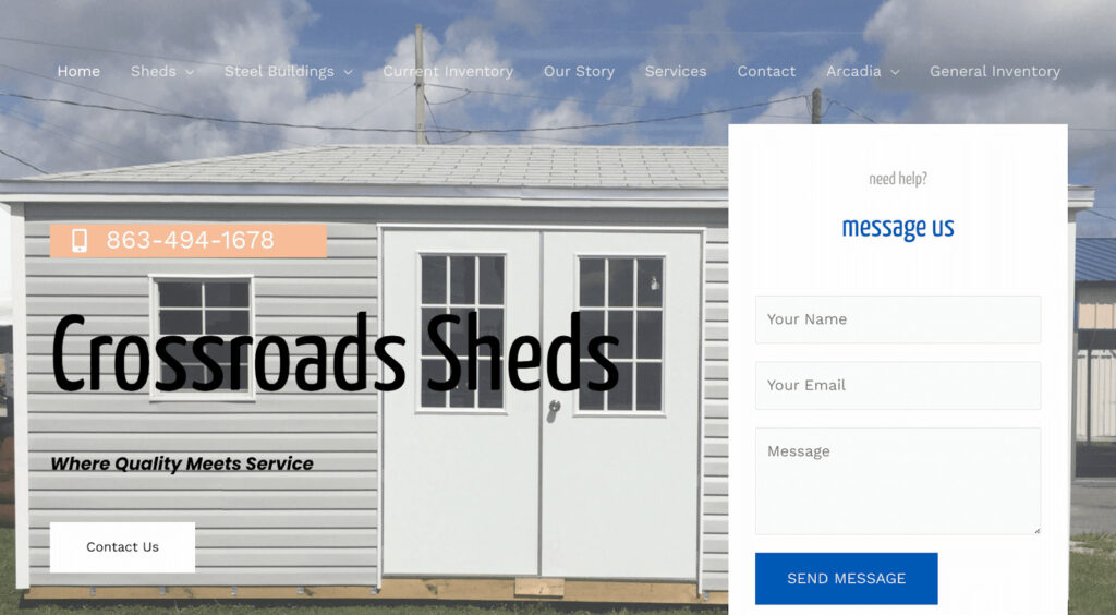 Screenshot from Crossroads Sheds website. Experienced backyard office contractors in Florida based in Arcadia.