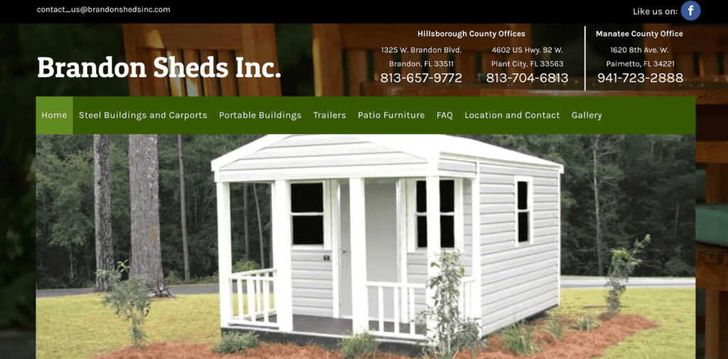 Screenshot from Brandon Sheds Inc website. Experienced backyard office contractors in Florida based in Tampa Bay.
