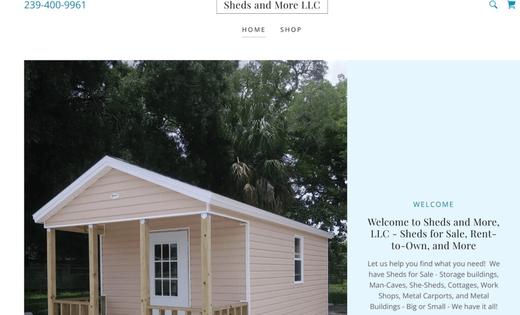 Screenshot from Sheds And More LLC website. Experienced backyard office contractors in Florida based in Alva.