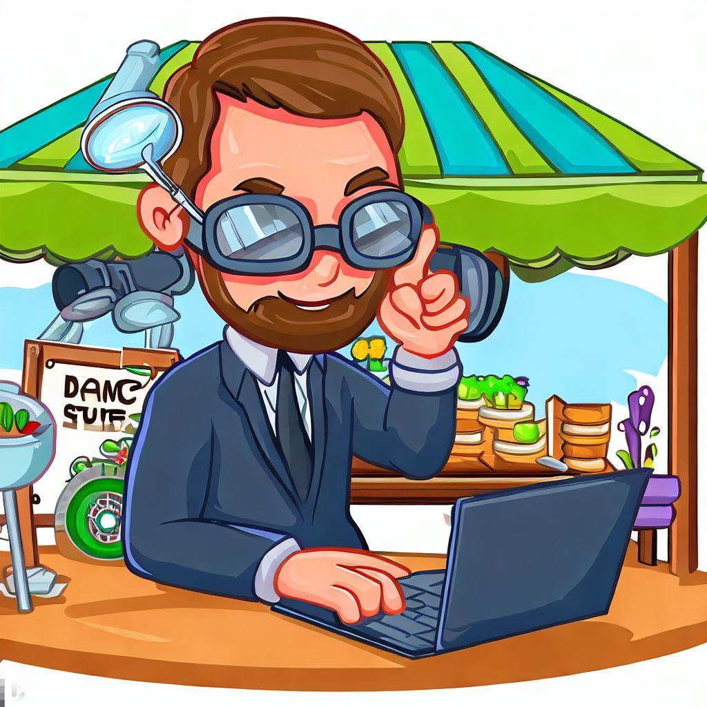 A cartoon image of a backyard business owner working on market research.