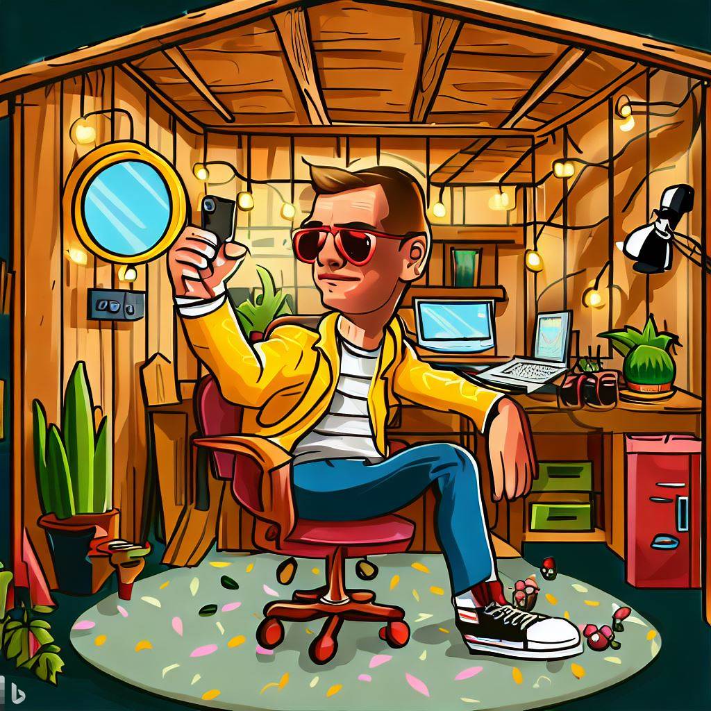 A cartoon image of a backyard business owner working his brand image.