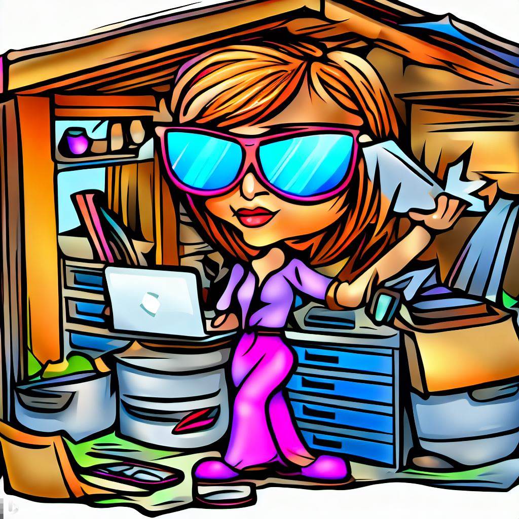 A cartoon image of a backyard business owner working on setting up a professional workspace in her backyard shed office. 
