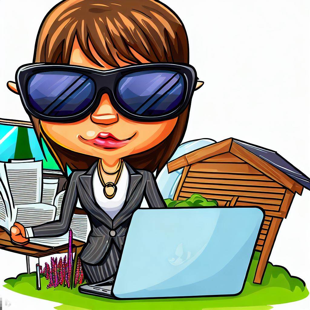 A cartoon image of a backyard business owner researching the legal requirements for her business start up.