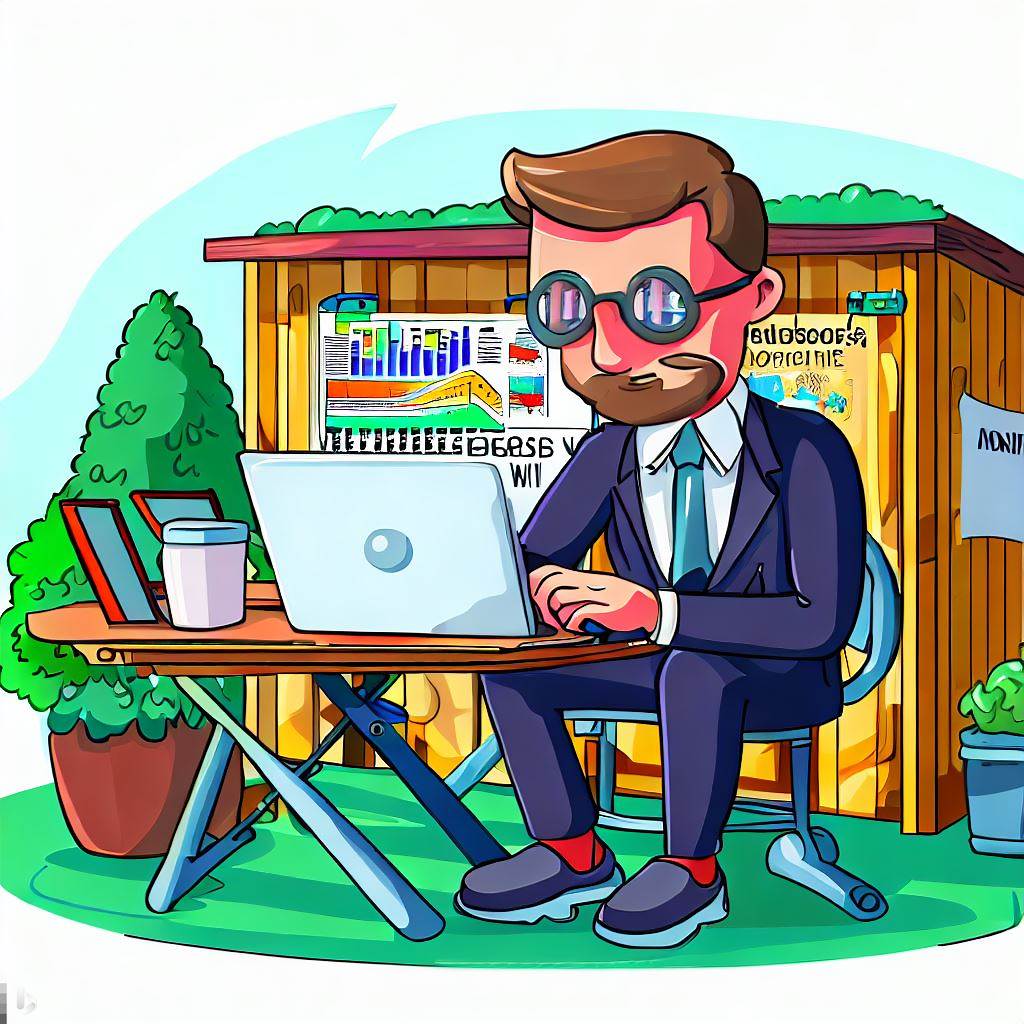 A cartoon image of a backyard business owner looking at market trends in his backyard office.