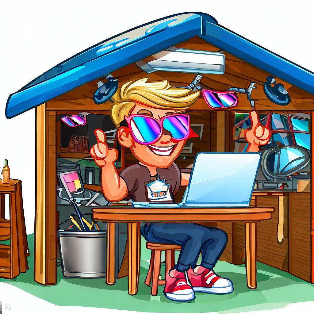 A cartoon image of a backyard business owner building an online presence.