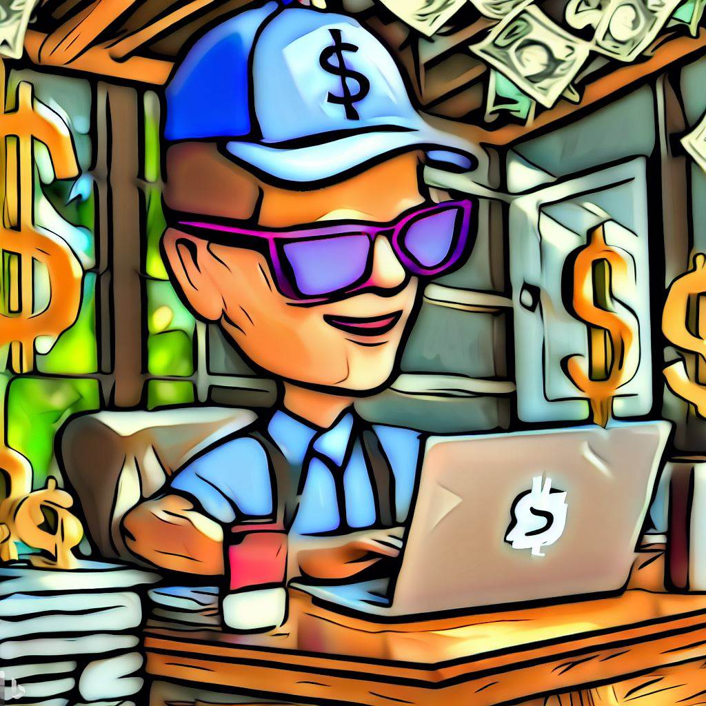 A cartoon image of a backyard business owner working on financial plan and setting product or service pricing.
