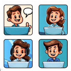 Group of four cartoon coworkers video conferencing while talking about remote work statistics