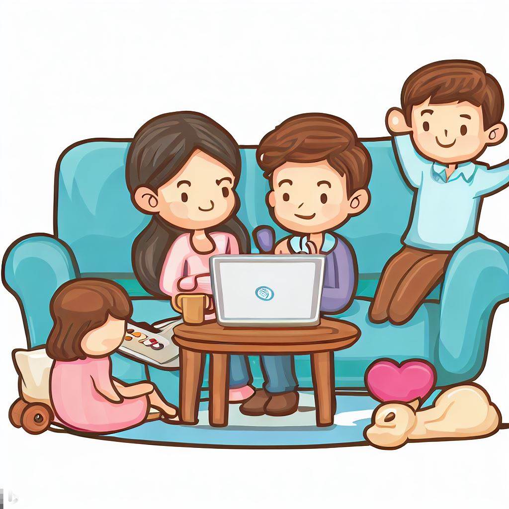 A cartoon image of a remote worker that knows how to have fun while working from home. The family is gathered round him on the couch and they're playing a computer game on the couch.