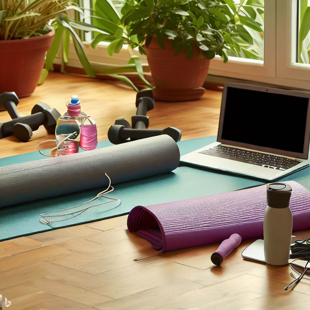 This image shows different workout equipment scattered on a yoga mat demonstrating how to have fun working from home through exercise.