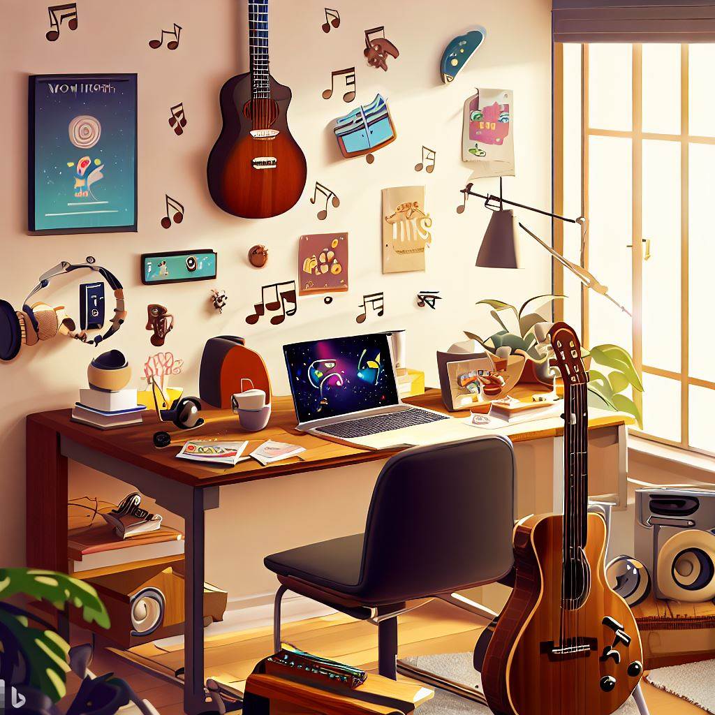 In this image a home office is surrounded by music notes, instruments and audio equimpent, demonstrating that music is one of the best ways to have fun working from home.