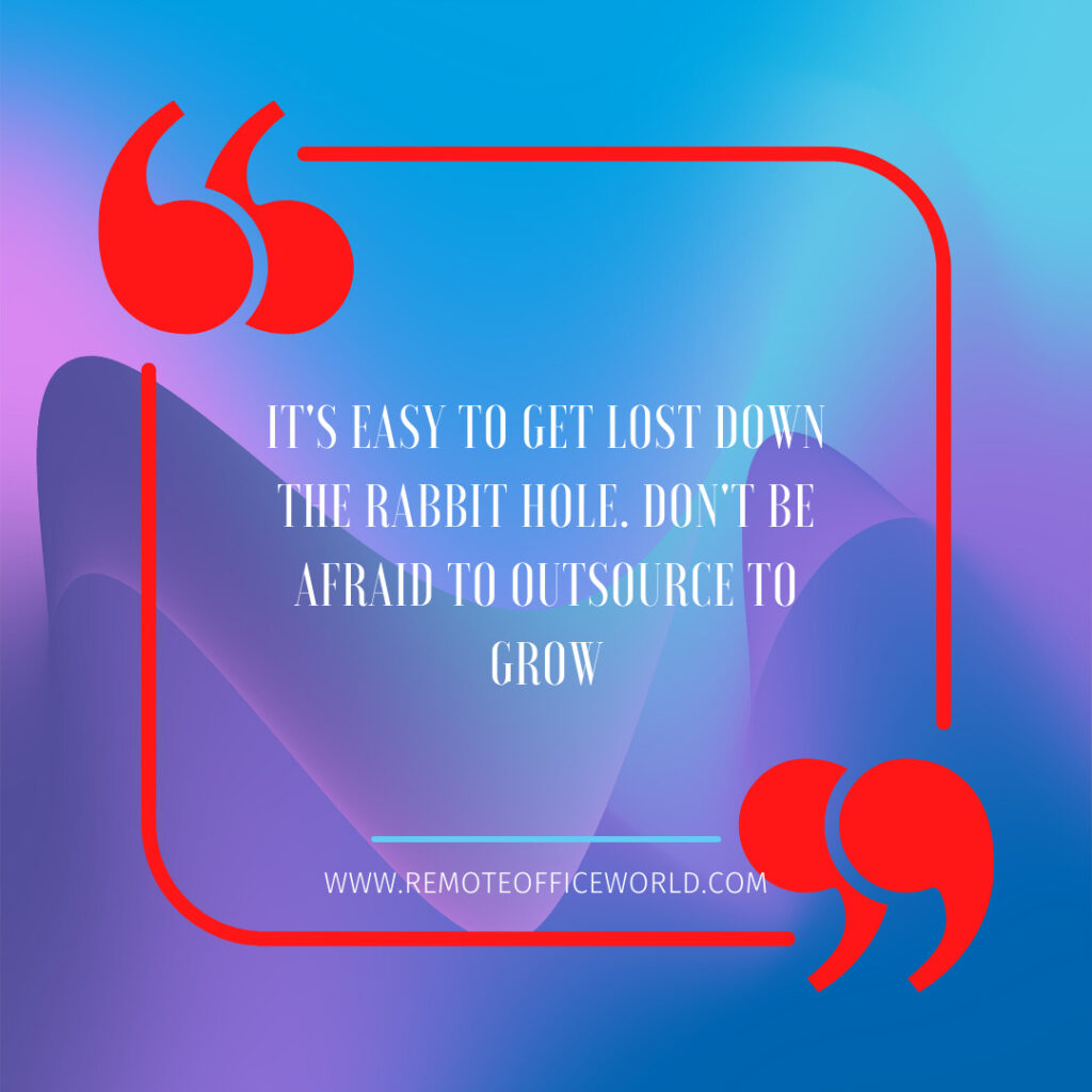 The image features a quote box excerpt fron the home-based business money saving tips article that reads "It's easy to get lost down the rabbit hole. Don't be afraid to outsource to grow.