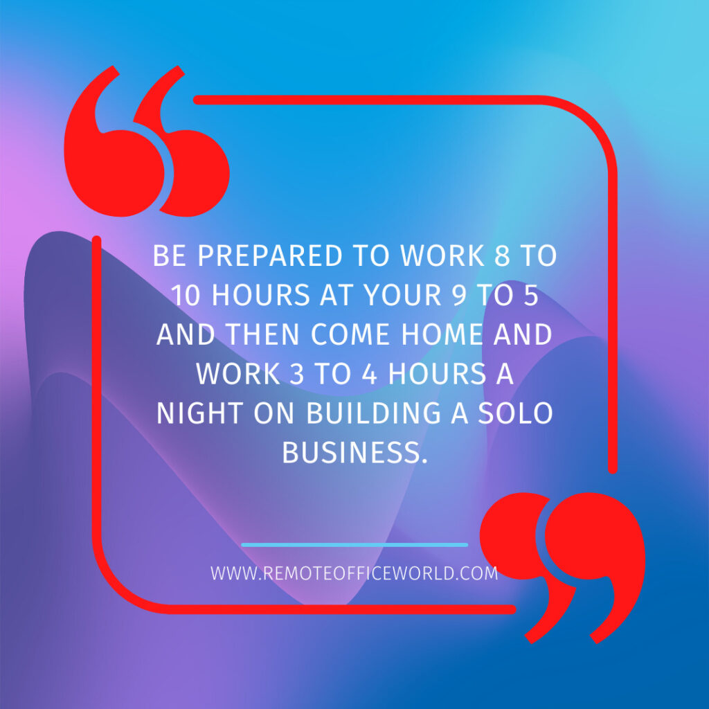 This image is a quote for an article about succeeding as a solopreneur that states "Be prepared to work 8 to 10 hours at your 9 to 5 and then come home and work 3 to 4 hours a night on building a solo business."