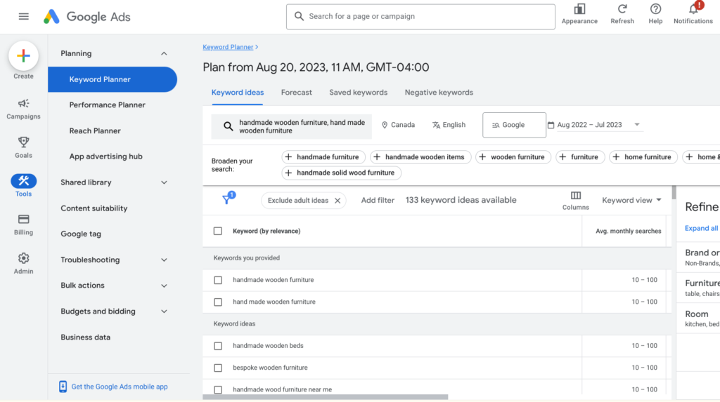 This is a screenshot of Google Ads Keyyword planner, which can be used to conduct better backyard business SEO.