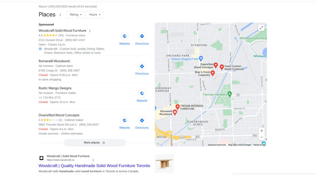 This is screenshot of a Google search for woodworking businesses near me, as an example of its importance to backyard business SEO.