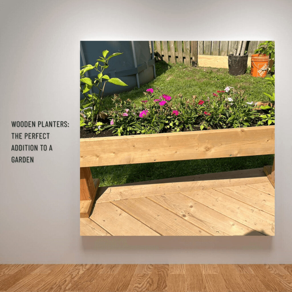 A framed image of a wooden planter in a garden with the caption Wooden Planters: The Perfect Addition To A Garden as another of the backyard business ideas.