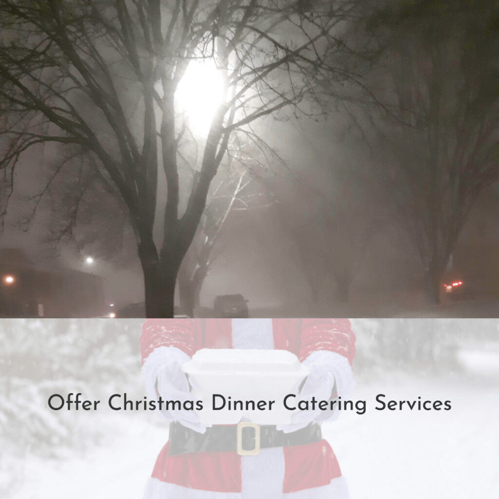 A cutt off image of a snow storm with santas body below holding a dinner representing catering as one of the more lucrative Christmas Business Ideas.