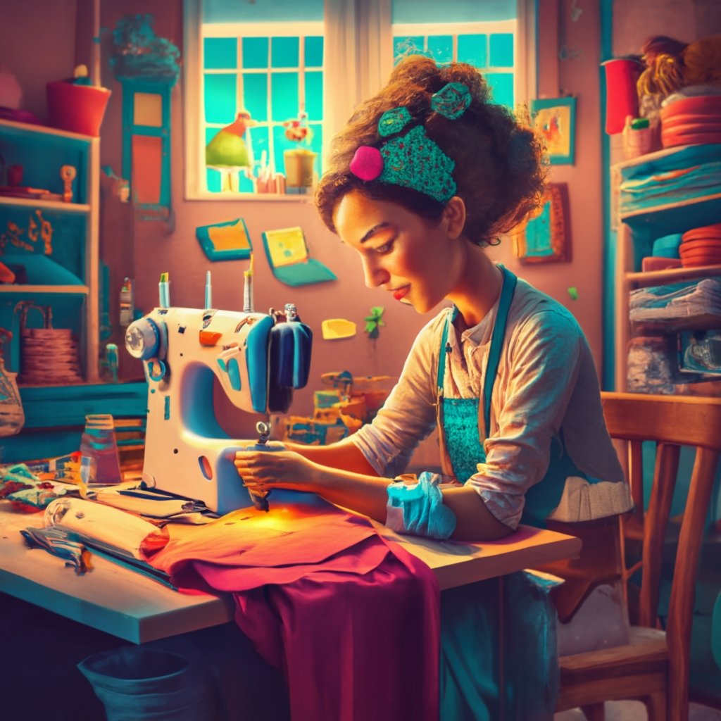 Image of a woman repairing clothes on a sewing machine as an example of one of the craft business ideas on the list.