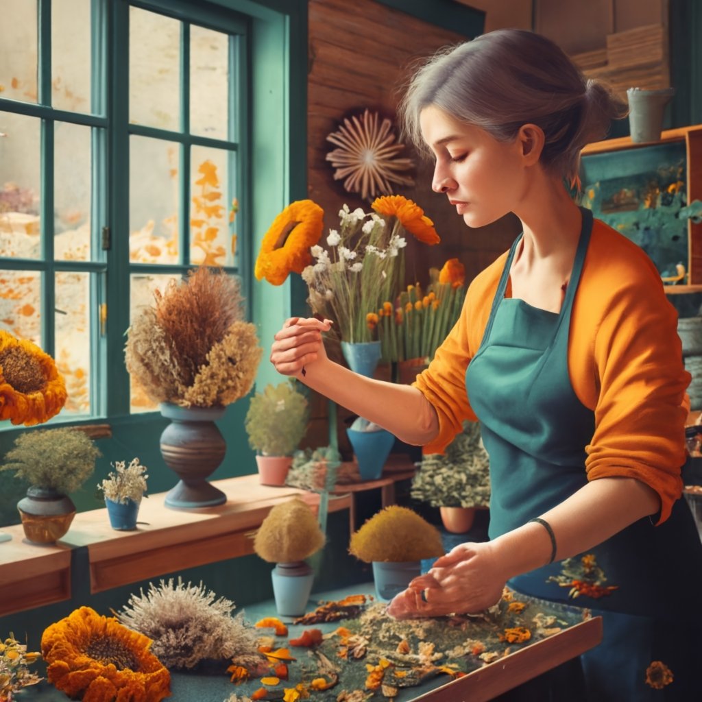 Image of a woman making dried flower arrangments as an example of one of the craft business ideas on the list.