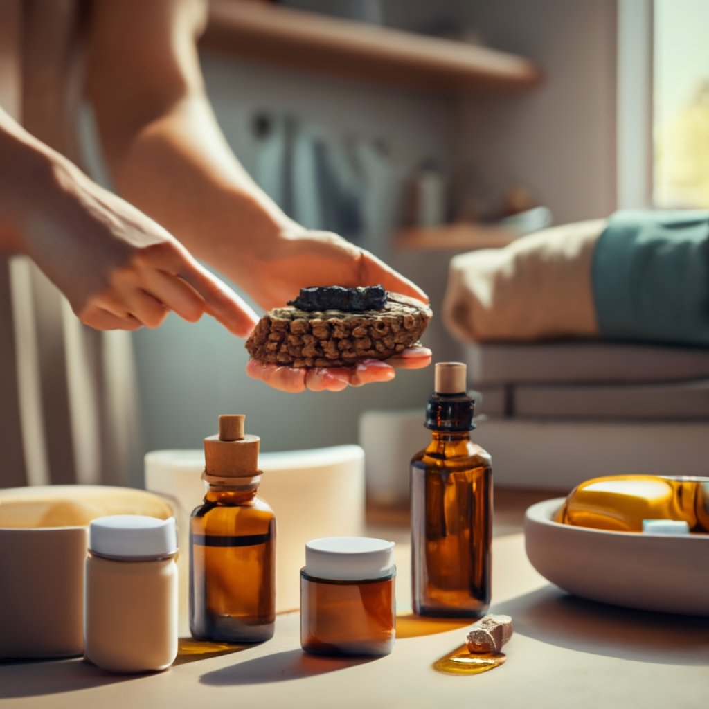 Image of a woman holding something in her hand with essential oils in the foreground as an example of one of the craft business ideas on the list.