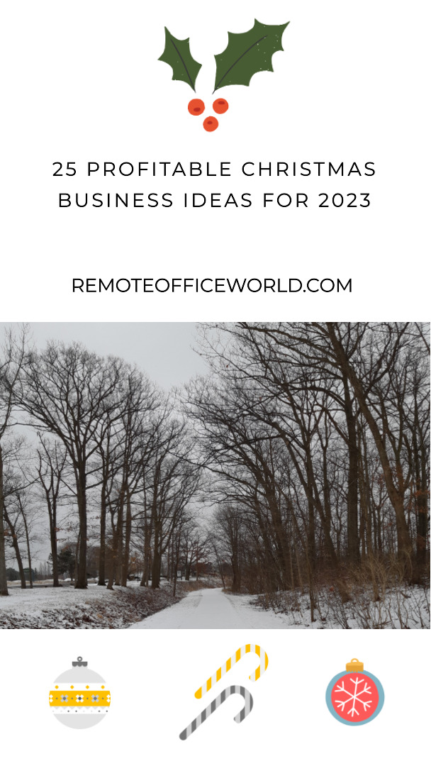 A photo of a winter scene with the headline 25 Profitable Christmas Business Ideas For 2023. There's also holly, Christmas ornaments and candy canes around the frame